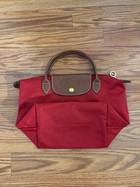 Longchamp Small Red Nylon Tote with Brown Leather Trim